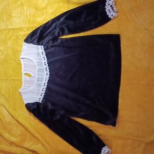 Black velvet with white lace yoke, goth top, M